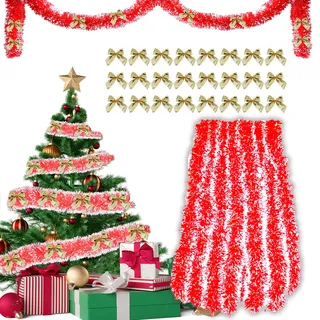 Tannengirlande 10m + 24pcs Weihnachtsschleifen Gold, Girlande Weihnachten Outdoor, Weihnachtsgirlande, Lametta Girlande, Lametta Weihnachtsbaum, Tannengirlande Künstlich, Christmas Garland
