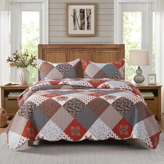 HoneiLife Quilt Set Queen Size - 3 Piece Microfiber Bedspread Reversible Coverlet Patchwork Bedding Set Lightweight Bedcover Floral Bedspreads All Season Quilts-Amaranth Red