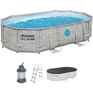 Bestway Power Steel Swim Vista Series Frame Pool Komplett-Set mit Sandfilteranlage 488 x 305 x 107 cm, Steinwand-Optik (Cremegrau), oval