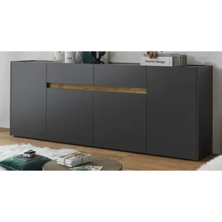 Sideboard "Center" in grau matt mit Wotan Eiche, Kommode 4-türig 220 x 87 cm - Weiß