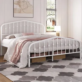 Yaheetech Bettrahmen 160 x 200 cm, Vintage Metallbett mit kronenförmigem Kopfteil, Stabiles Bettgestell Doppelbett aus Metall, Robust & Leichte Montage Gästebett Jugendbett Tagesbett, Weiß