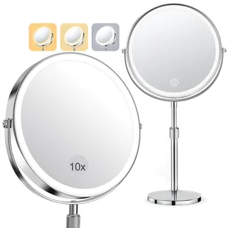 Schminkspiegel mit Beleuchtung, Kosmetikspiegel Vergrößerungsspiegel Mit Licht 10X - Make-up-Spiegel für Präzision, Doppelseitig Vergrößerung 8" 2000mAh 3 Farben Beleuchtungsmodi, Rund 360° Drehbar