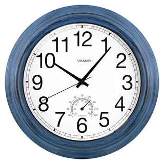VIKMARI 30cm Gartenuhr Wetterfest, Outdoor Wanduhr mit Thermometer Indigo | Wasserdichte 30cm Gartenuhr mit Thermometer & leisem Quarzwerk ohne Ticken. Wetterfeste Outdoor Uhr für Garten und Terrasse.