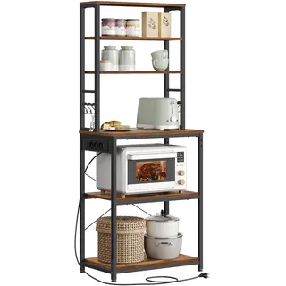 VASAGLE Küchenregal mit Steckdosen, Standregal für Küche, Mikrowellen-Regal, stehend, 6 Regalebenen und 6 Haken, 40 x 60 x 167 cm - Braun