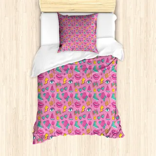ABAKUHAUS Emoticon Mantele, Retro Comics auf Rosa, Milbensicher Allergiker geeignet mit Kissenbezügen, 135 cm x 200 cm - 80 x 80 cm, Rosa Meer Grün Gelb - Rosa
