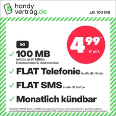 Handytarif handyvertrag.de z.B. Allnet Flat 100 MB – (Flat Internet 5G 100 MB, Flat Telefonie, Flat SMS und Flat EU-Ausland, 4,99 Euro/Monat, monatlich kündbar) oder andere Tarife