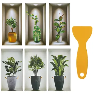 6 Stück 3D Grüne Pflanze Wandtattoo, abnehmbarer PVC Bonsai Wandaufkleber, Topfpflanze Wandsticker, Vase Wandsticker, Grüne Blätter Wandbilder mit Spachtel für Schlafzimmer, Wohnzimmer, Esszimmer