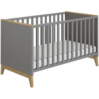 Babybett PAIDI "STIENE 70x140cm in Beige oder Grau, umbaubares Bett mit Massivholz", schiefergrau, eiche massiv, B:76cm H:85cm L:145cm, Holzwerkstoff, Massivholz, Babybetten, Babybett, Gitterbett 4-fach höhenverstellbar, entnehmbare Sprossen, Kinderbett