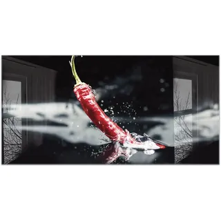 timalo Küchenbild aus Acrylglas modernes Wandbild Glasbild Deko Küche XXL Bild wie Glas | 100x50cm Chili Splash, rote Peperoni, Chillischote, Gewürze, exotische Küche, Food Art