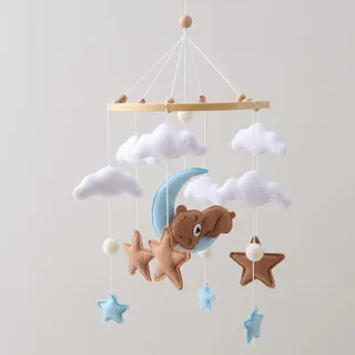 Lanttoe Baby Mobile Babybett Schlafbär, handgemachtes Babymobile mit Bär, Mond und Wolken, Mobile für Babybett aus Holz und Filz, Babyzimmer Deko für Neugeborene