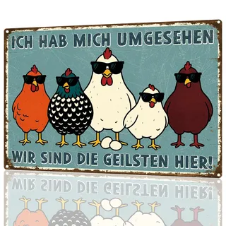 WhaleO Blechschilder Retro, ICH HAB MICH UMGESEHEN, WIR SIND DIE GEILSTEN HIER! Huhn Deko, Schilder mit Sprüchen Lustige Schilder Metallschilder mit Sprüchen für die Bauernhof Landhaus Dekoration