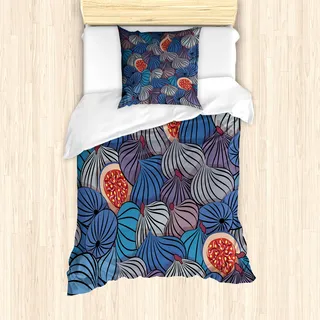 ABAKUHAUS Obst Mantele, Fig Frucht-Muster-Frühling, Milbensicher Allergiker geeignet mit Kissenbezügen, 135 cm x 200 cm - 80 x 80 cm, Blau, Lila, Grau - Blau