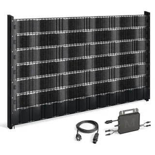 Sunbooster VERTICAL Zaun-Balkonkraftwerk 2,5m – bifaziale PV-Sichtschutzstreifen für Doppelstabmattenzaun, 468Wp, Komplettset mit Mikrowechselrichter 800W und 10m Schuko – steckerfertig, erweiterbar