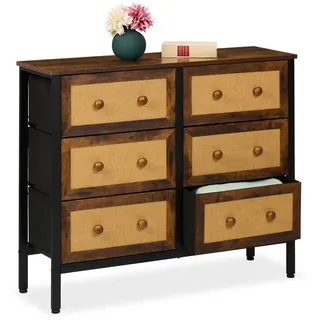 Relaxdays Kommode 6 Schubladen, Rattan-Optik, Flur, Schlafzimmer, HBT: 83x100x32 cm, Sideboard, Metall, braun/schwarz