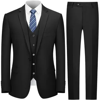 Cooper & Nelson Anzüge für Männer, Herrenanzüge Slim Fit, solide Jacke Weste Hose mit Krawatte, EIN-Knopf-Anzug-Set, schwarz, L