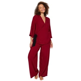 Trendyol Women's Damen Gerade Lange Ärmel Freizeitkleidung Regulär Pyjama Übergröße Pajama Set, Burgundy, 44