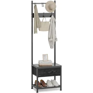 Metall Garderobe Sitzbank Stauraum 154x30x45cm Schwarze Holzmaserung | Leader Accessories Garderobenständer mit Schuhablage und Sitzbank Standgarderobe für Jacken Mäntel und Schuhe Flur