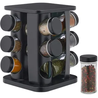 Relaxdays Gewürzregal mit 12 Gewürzgläsern, nachfüllbar, mit Streueinsatz, drehbares Gewürzkarussell, Edelstahl, schwarz