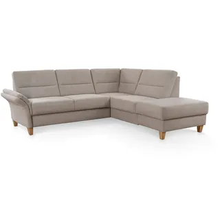 CAVADORE Ecksofa Wyk mit Federkern / Eckcouch im Landhaus-Stil mit Ottomane und Holzfüßen / 238 x 90 x 213 / Jacquard, Beige