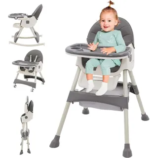 3in1 Hochstuhl Baby mit liegefunktion Hochstuhl, Höhenverstellbar Verstellbare Rückenlehne Klappbar,Kinderhochstuhl mit Tablett und Rollen,Mitwachsend ab 6 Monaten Babystuhl,Grau