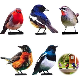 HZZON 5 Stück Gartendeko Bemalte Vogel Vögel Gartenstecker Deko Metall Vogel Baumstecker Gartendeko für Draußen Wetterfest Vögel Deko Figuren für Gartendekoration Holz Zaunfiguren Frühling Bäume Deko