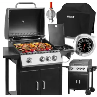 MalTec Gasgrill PartyTogether 3+1 + Schutzhülle, Gartenhaus, Gas, mit Thermometer, mit Rollen, Zusatzbrenner - Schwarz