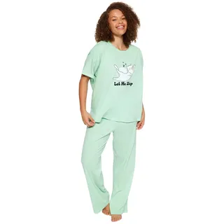 Trendyol Damen Gedruckt Kurzarm Lässig/Lässig Regulär Pyjama-Set In Übergröße Pajama Set, Mint, XL Große Größen EU