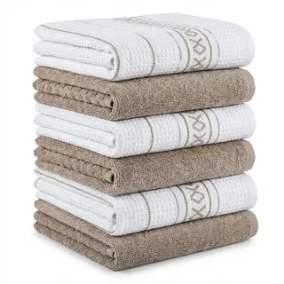 BOSKIMO Küchentücher aus Premium-Baumwolle, 6 Stück, Mikrofaser und Frottee, saugfähige Geschirrtücher, Reinigungstücher Palme beige