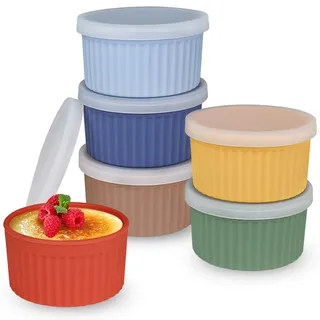 Koluti Antihaft-Silikon-Ramikins 8oz 6er-Set, Creme Brulee Souffle Ofen Sichere Schalen mit Deckel, Pudding Dessert Backbecher Eiscreme Snack Lebensmittel Aufbewahrungsbehälter, BPA-frei