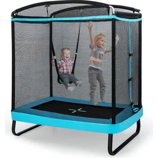 COSTWAY 2 in 1 Kindertrampolin mit Schaukel, Gartentrampolin rechteckig mit Sicherheitsnetz & Randabdeckung, Indoor-/Outdoortrampolin für Kinder bis 100kg Belastbar Blau - Schwarz, Blau