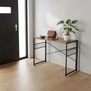 FurnitureR Moderner Konsolentisch für den Flur, 100x50x72cm, Vintage-Holzoptik & Metallrahmen, Flurmöbel Set, Schmaler Schreibtisch mit Haken