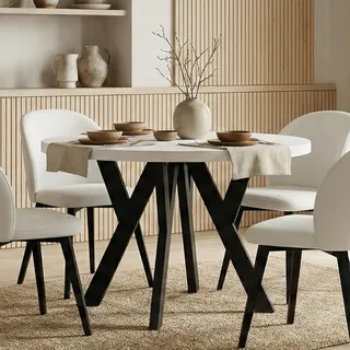 Runder Ausziehbarer Tisch für Esszimmer, PERO, Loft-Stil, Skandinavische, Durchmesser: 90 / 140 cm, Farbe: Weiß / Schwarz - Weiß