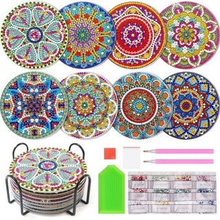 Diamond Painting Untersetzer, DINGHENG 8 STK Diamant Art Runde Untersetzer mit Halter - Boho Deko Painting DIY Mandala Untersetzer Erwachsene Zubehör Set zum Basteln Für Gläser Weingläser Vasen