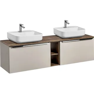 Doppelwaschtisch-Unterschrank 180cm, taupe mit Vintage Oak, PUEBLA-56-TAUPE, 2 Keramik-Waschbecken, B/H/T ca.: 180,4/62,5/46 cm - Beige