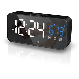 Lafocuse LED Digitaler Wecker mit Temperaturanzeige und Datum, Tischuhr mit 25 Musik, 2 USB-Ladeanschlüssen, 3 Alarmen und Wochentag, Digitaluhr Snooze, Helligkeit und Lautstärke Regelbar, Schwarz