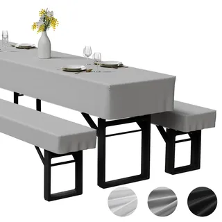 Zdada 3-teilige Bierzeltgarnitur Auflage, Enthält 2 Bierbank Hussen und 1 Biertisch Husse aus Polyestermaterial, Waschbar und Fixierbar Bierzeltgarnitur Hussen, für Bankette im Freien(Grau, 220x50cm)