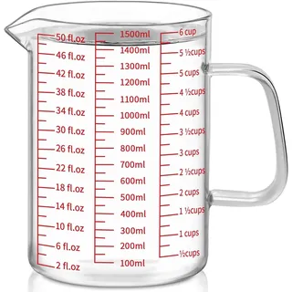 Luvan 1500 ml/6 Tassen/51 oz Glas-Messbecher, Einfach Ablesbar mit 3 Messskalen (Ml/Oz/Tassen), Hitzebeständiger Küchen-Flüssigkeits-Messbecher aus Borosilikatglas