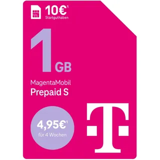 Telekom MagentaMobil Prepaid S mit 1 GB Highspeed-Volumen I Surfen mit 5G/ LTE Max & Flat ins Telekom Mobilfunknetz (Min., SMS) + 50 Freiminuten in alle Anderen dt. Netze I 10 EUR Startguthaben