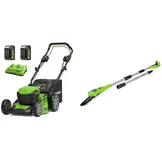 Greenworks Akku-Rasenmäher+Akku-Hochentaster G24PS20 (Li-Ion 24V 20cm Schwertlänge 6,7m/s Kettengeschwindigkeit bis zu 280cm Alustange 3-teilig