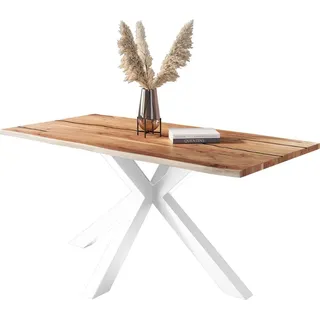 möbelliebling Baumkantentisch Akazie mit schwarzen Resin-Adern naturfarben 140 x 80 cm Spider-Gestell weiß POLLY