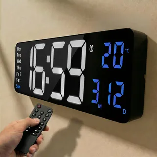 Opis Technology Clock 1 XXL - Digitale Wanduhr - Retro LED Wand Uhr mit Fernbedienung, Timer & Wecker, Temperaturanzeige, dimmbares Display, Weiß/Blau