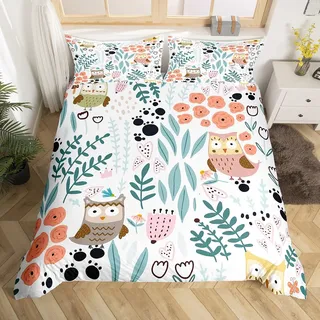 Homewish Bettbezug Eule Kawaii 140 x 200 cm, Bettwäsche, Motiv: Eule, niedlich, Blume in Form eines Liebesherzens, Bettüberwurf mit Pfoten, 2-teilig