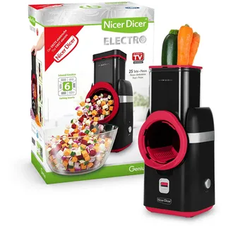 Genius Nicer Dicer Electro Gemüsehobel elektrisch 25 tlg, Gemüseschneider automatisch, Käsereibe für Gemüse, Obst, Nüsse, 6 Extrascharfe Einsätze, Ein-Knopf, Einfache Reinigung, Leistungsstark