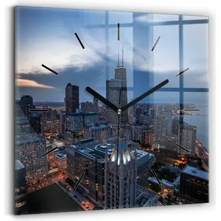 Wallfluent Wanduhr – Stilles Quarzuhrwerk - Uhr Dekoration Wohnzimmer Schlafzimmer Küche - Zifferblatt mit Striche - schwarze Zeiger - 30x30 cm - Foto von Chicago - Blau