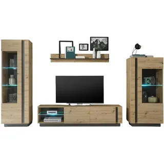 Furn.Design Wohnwand 4-teilig Eiche Artisan, Graphit grau 340 cm, Schrankwand mit Soft-Close , Eiche Artisan, Grau , Holz , Nachbildung,Eiche , Holz Optik, Uni , 8 Fächer , 340x194x40 cm , Wohnzimmer, Wohnwände