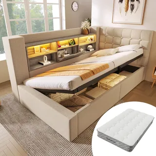 okwish L-förmiges Schlafsofa 90x200 Einzelbett mit LED-Beleuchtung und offenen Staufächern an der Rückwand,Jugendbett Daybett mit Bettkasten,Beige(Mit Matratze) - Beige