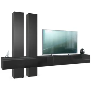 Vladon Wohnwand Moja, (Anbauwand, mit Rückwand mit 4 Türen und 2 Klappen), Schwarz matt/Schwarz Hochglanz und Schwarz matt (330 x 204 x 39 cm) schwarz