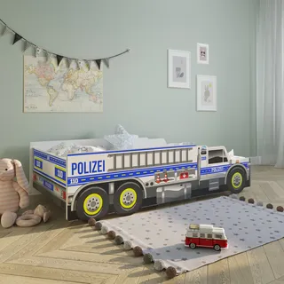 Autobett Kinderbett Jugendbett mit Rausfallschutz Polizei Truck Polizeiauto Kinder Spielbett 80x160 cm von 3. bis 10. Lebensjahr