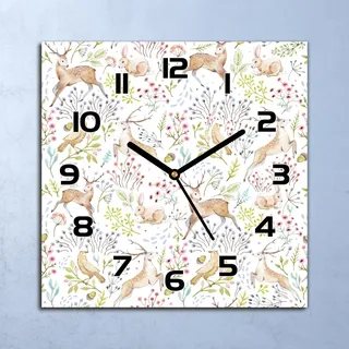 Wanduhr Echt-Glas-Küchenuhr Helle Waldtiere Quarz Lautlos 30x30 Deko Bilder
