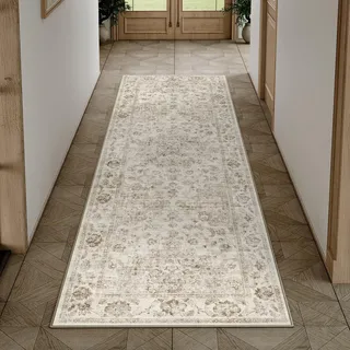 HUGEAR Vintage Beige Waschbarer Läufer Teppich Flur 60x240cm Bettvorleger Küchen Wohnzimmer Schlafzimmer Teppiche rutschfest Kurzflor Weich Flurläufer Teppichläufer